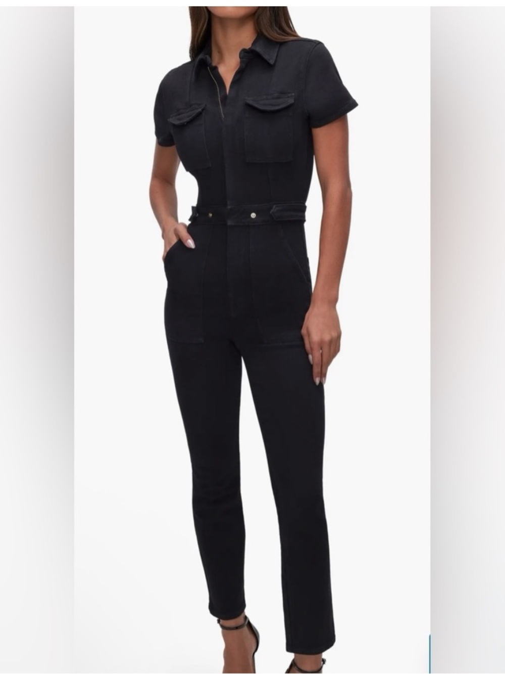 Good American Fit For Success Bootcut Black Short-Sleeve Jumpsuit - Size Medium
